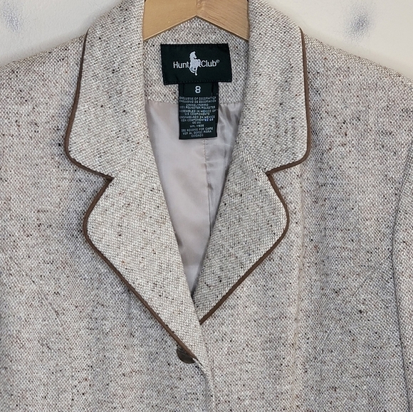 Vintage 90s Hunt Club | Beige Tweed Wool Blend Blazer with Brown Trim Size 8 - Picture 2 of 5